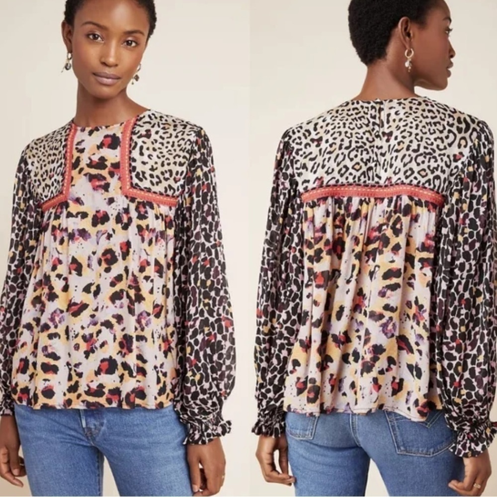Anthropologie Blank London Joelle Leopard Print Peasant Blouse Size XS